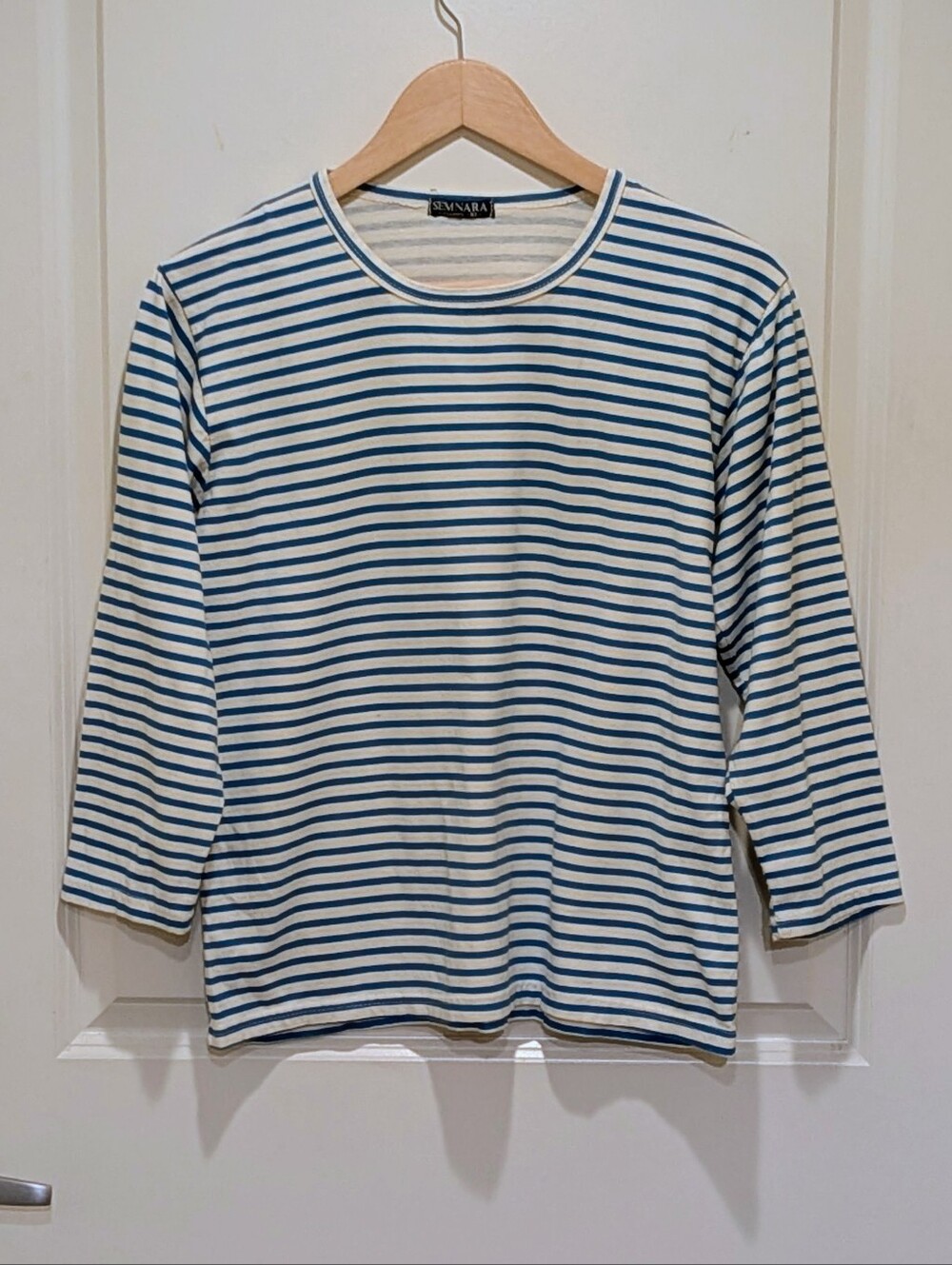 EUC Semnara XL 100% Cotton Blue and White Striped 3/4 Sleeve Tee